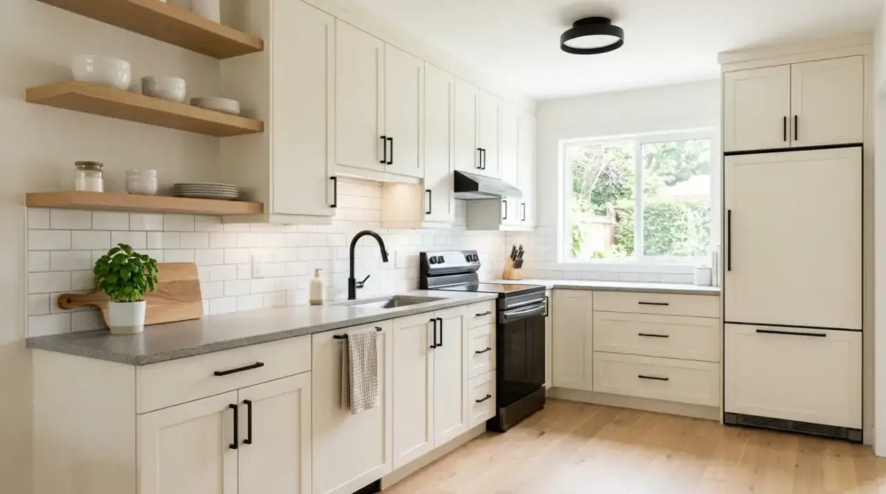 Wood accents in white kitchen. Affordable natural materials softening a bright white kitchen interior.
