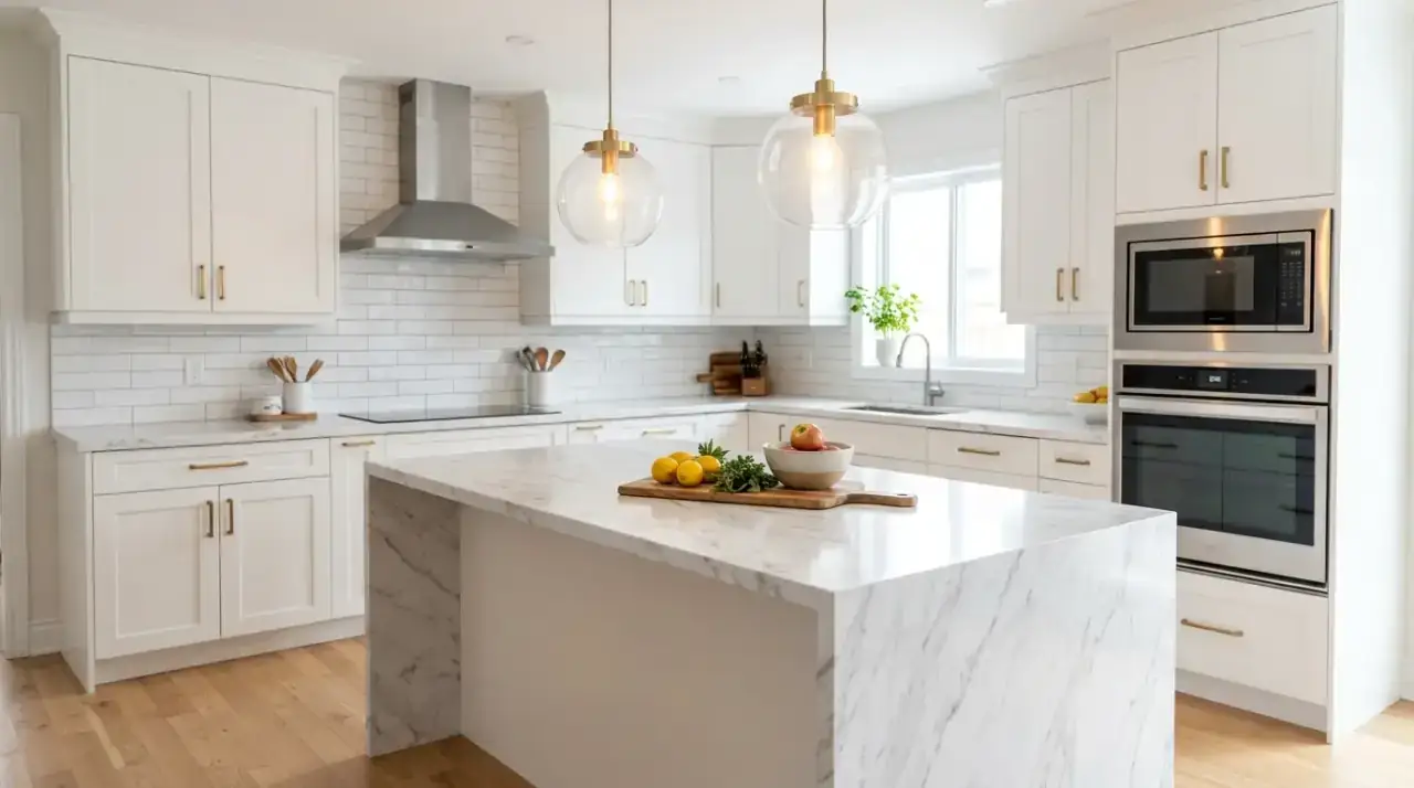 Painted island in white kitchen. Budget-friendly island color update adding contrast and personality.
