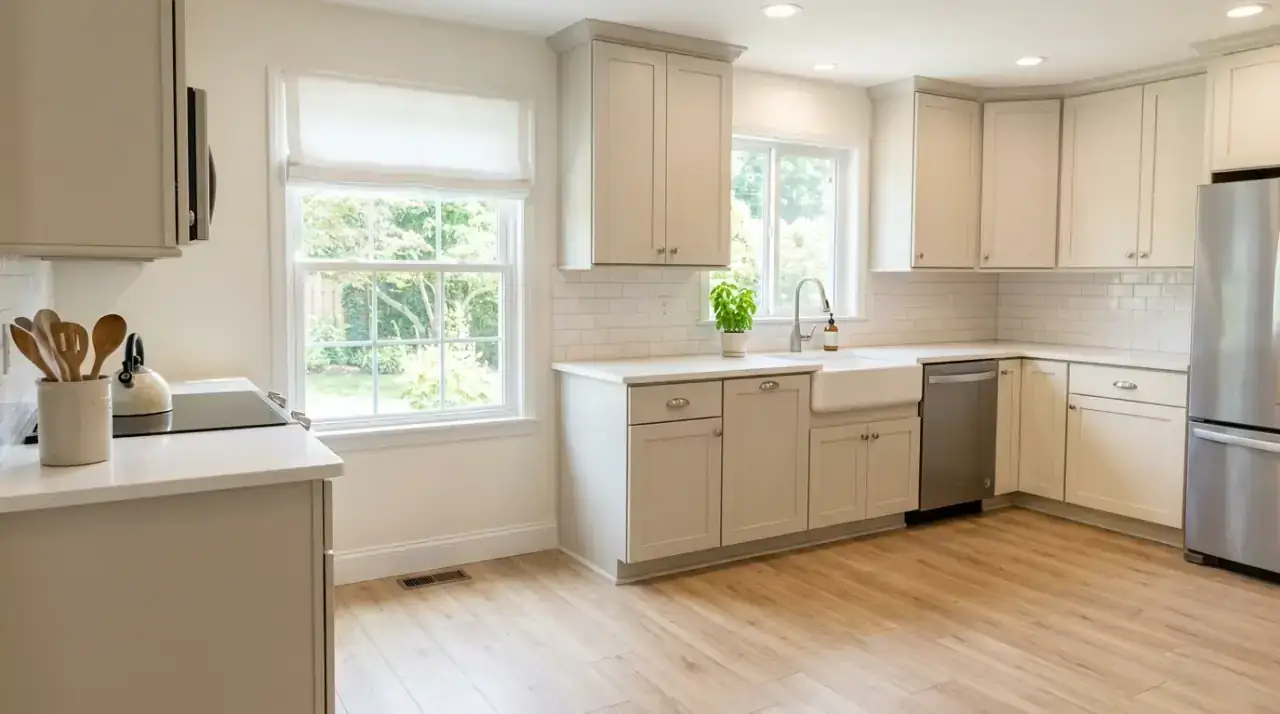 Styled white kitchen counters. Thoughtful counter arrangement bringing warmth and polish to a white kitchen.