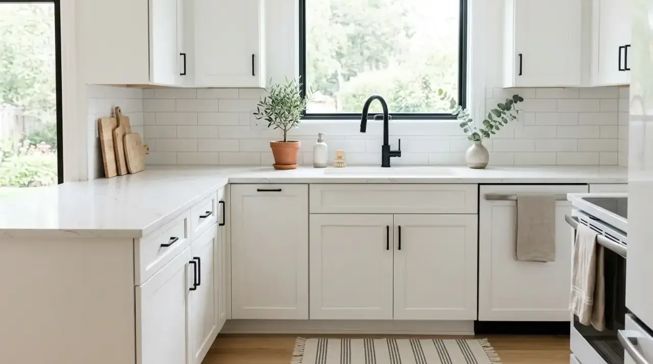 Greenery in white kitchen. Affordable natural accents making a bright kitchen feel more lively.