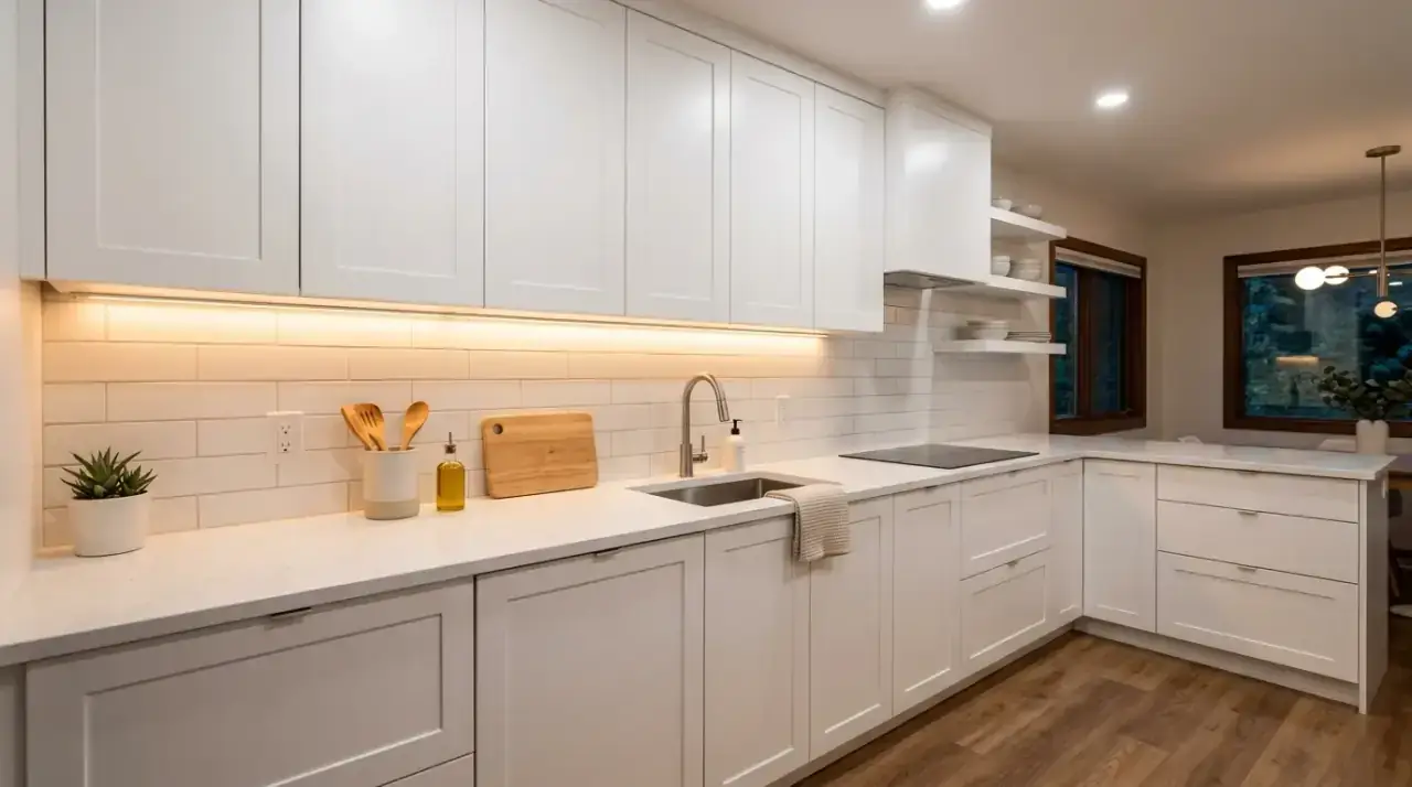 White kitchen stool update. Fresh seating helping a white kitchen feel more modern and welcoming.