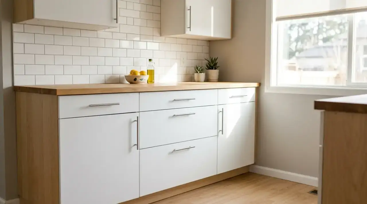 White kitchen backsplash refresh. Budget tile update adding character to a simple bright kitchen.