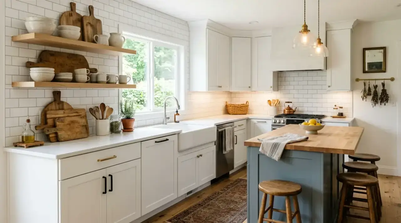 Warm lighting in white kitchen. Simple lighting adjustment helping a white kitchen feel more comfortable and rich.