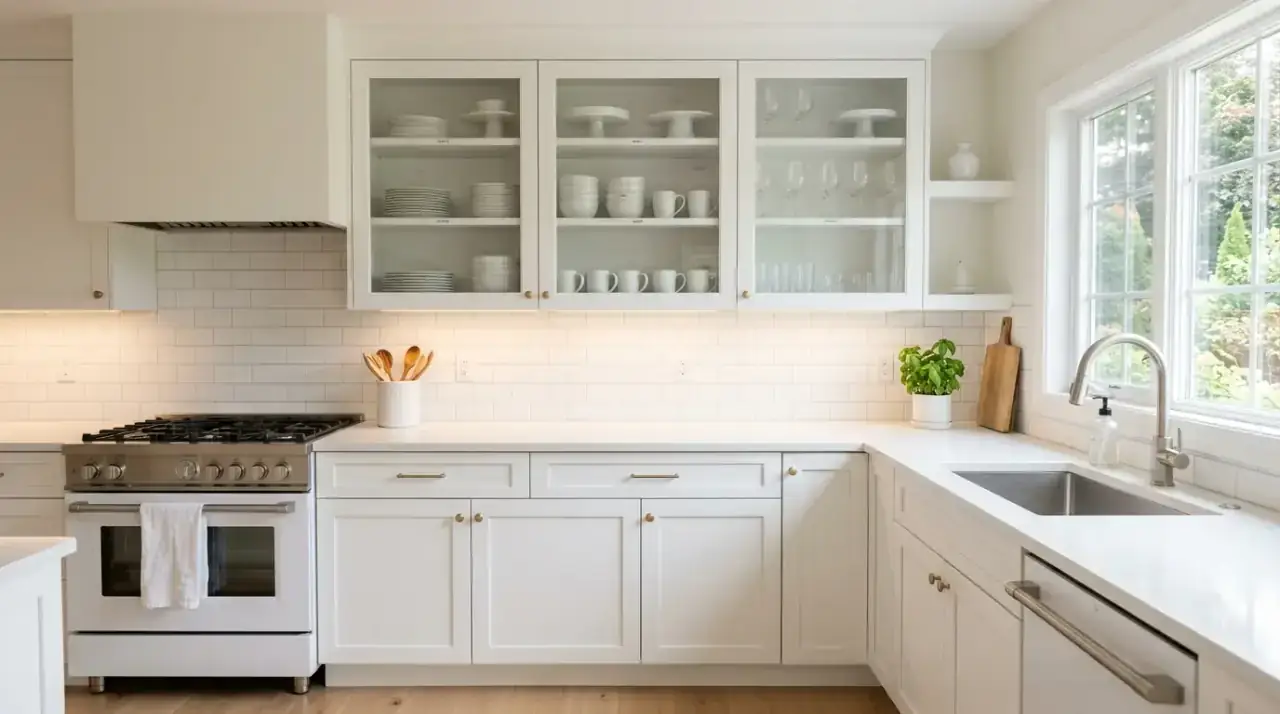 Textiles in white kitchen. Soft layered fabrics helping a bright kitchen feel warmer and more lived in.