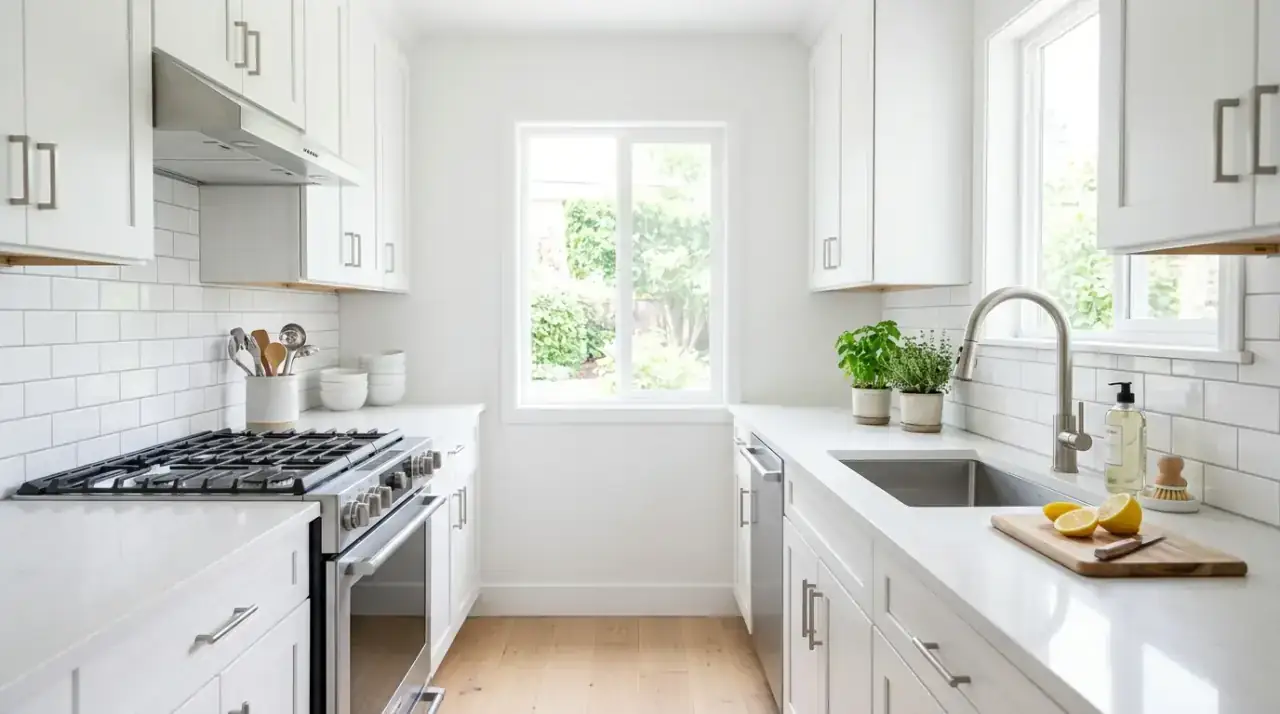 Edited white kitchen refresh. Cleaner styling helping a white kitchen feel more polished and intentional.