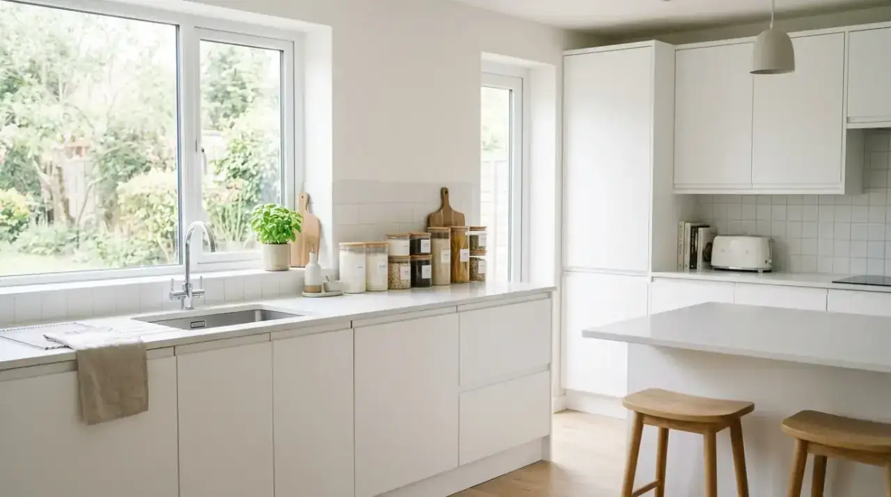 White kitchen refresh overview. Affordable update strategy bringing warmth and style to a classic white kitchen.