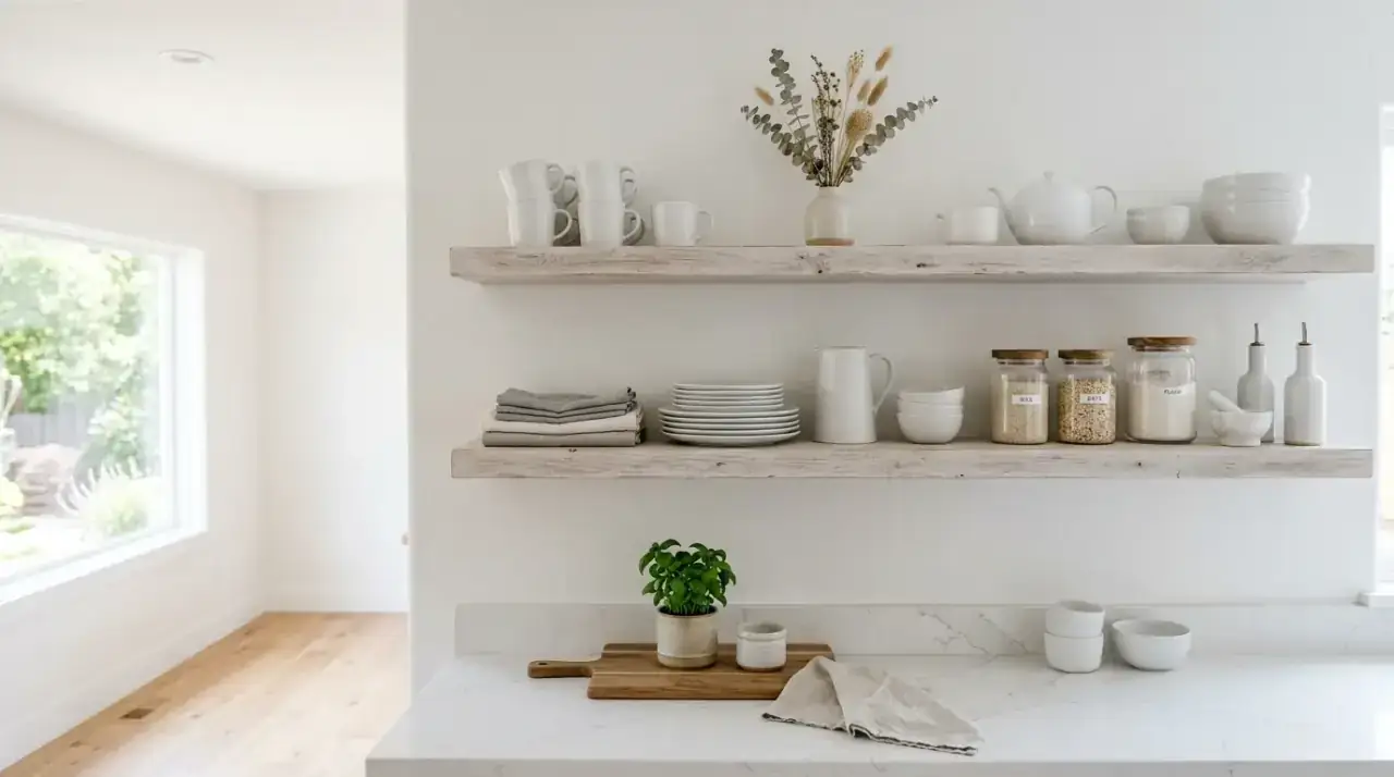 Airy open kitchen shelves balancing display and storage with a light uncluttered feel.