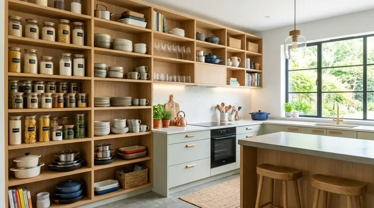 Coordinated open shelf palette. Open kitchen shelves styled with a tight and airy color palette.