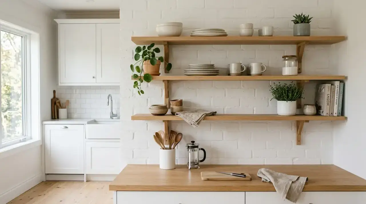 Useful open shelf display. Airy open shelves displaying both practical dishes and simple decor.
