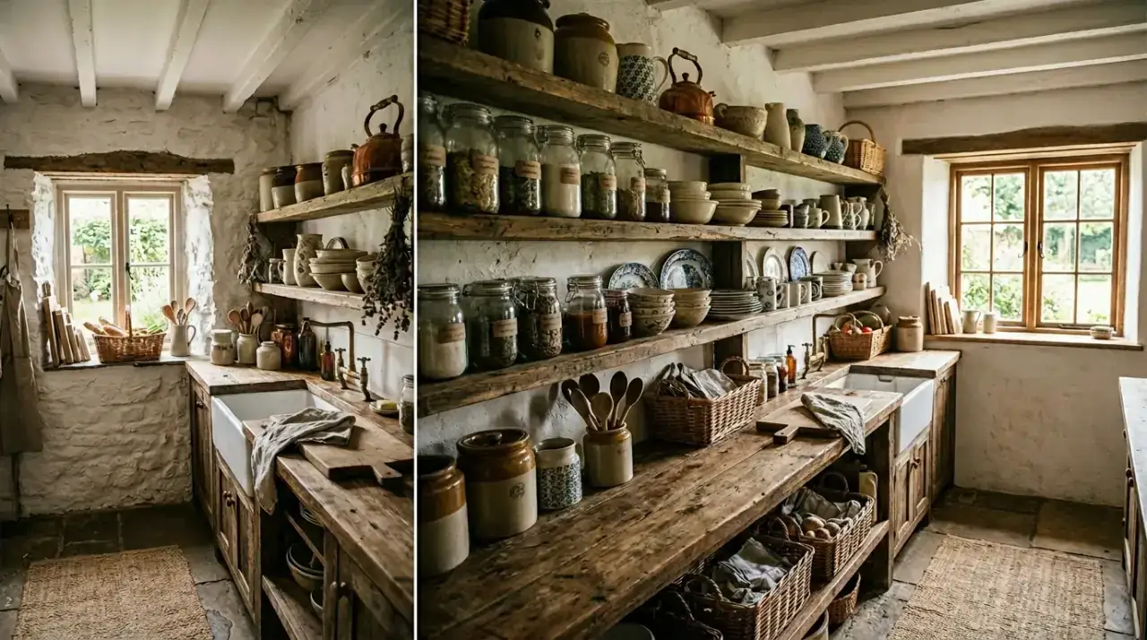 Wood open kitchen shelves. Airy kitchen shelving in natural wood adding warmth and texture.