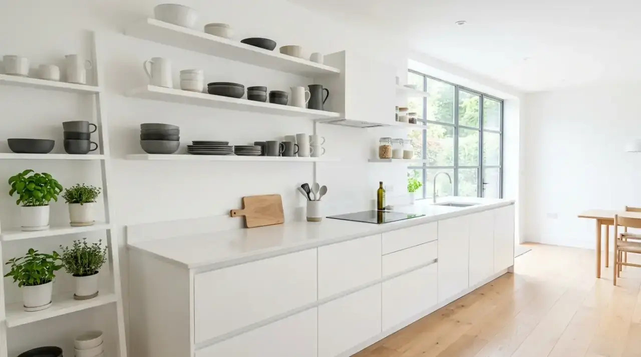 Open shelf breathing room. Kitchen open shelves styled with space between objects for an airy feel.