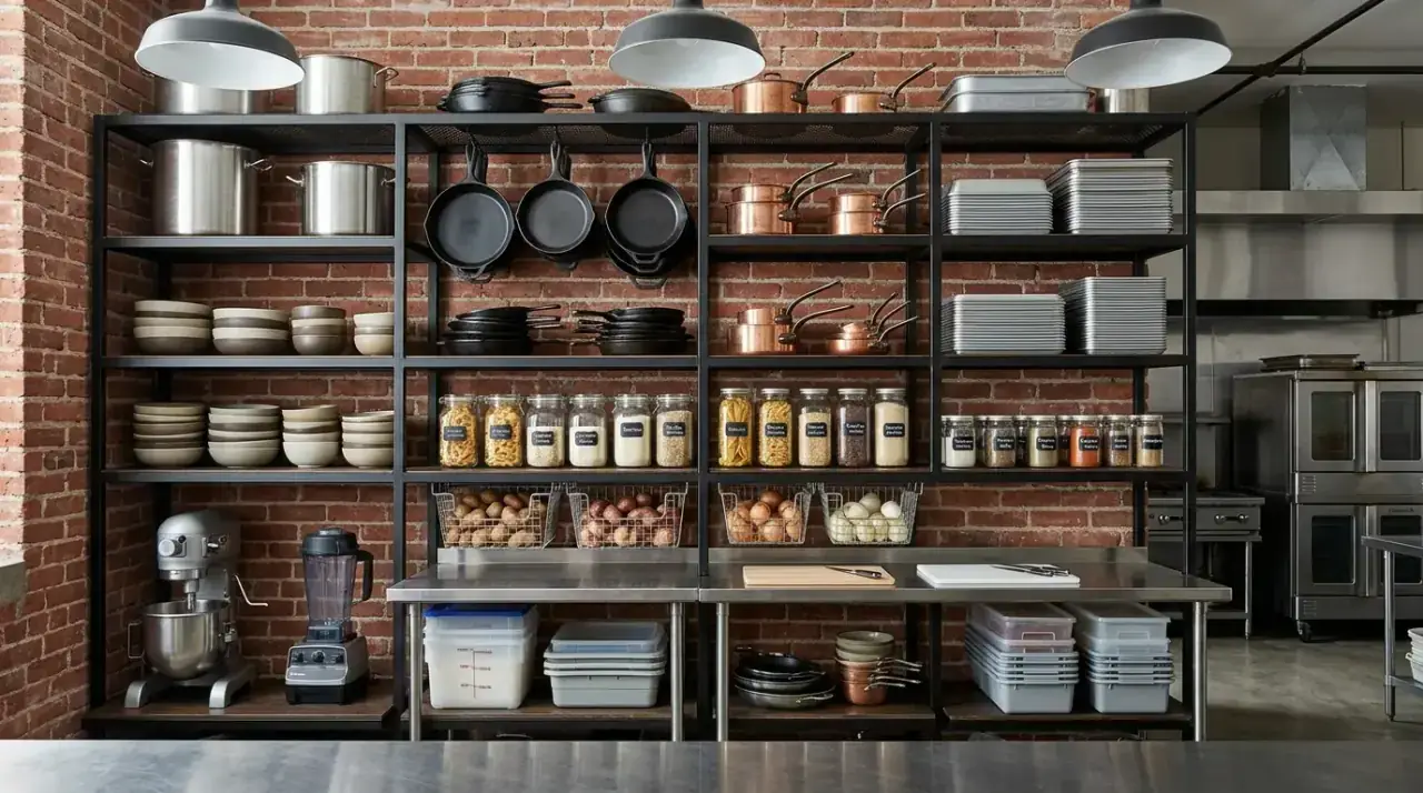 Plant on kitchen open shelves. Airy open kitchen shelves styled with a small fresh green plant.