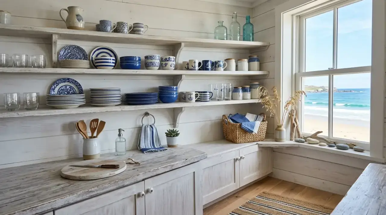 Glass on open kitchen shelves. Kitchen open shelves using clear glassware for an airy display.