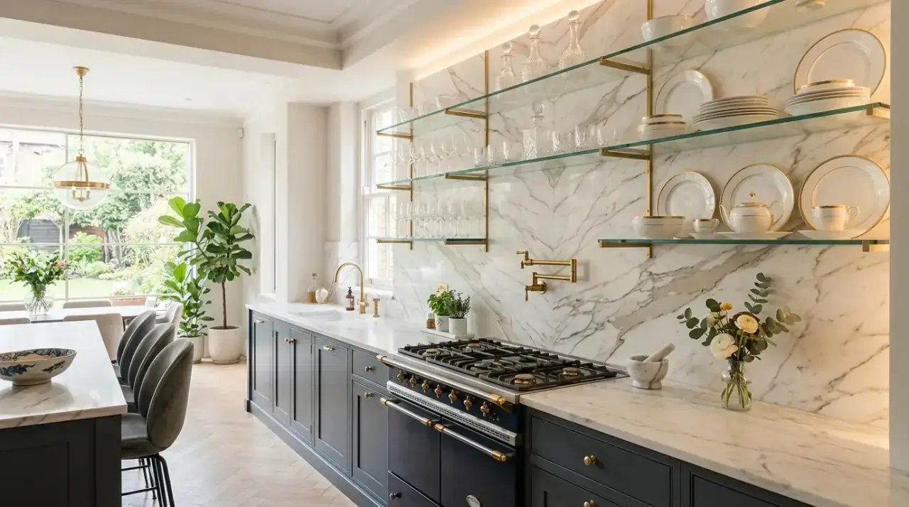 Shelves matched to kitchen style. Airy open shelves styled to suit the kitchen's overall design.