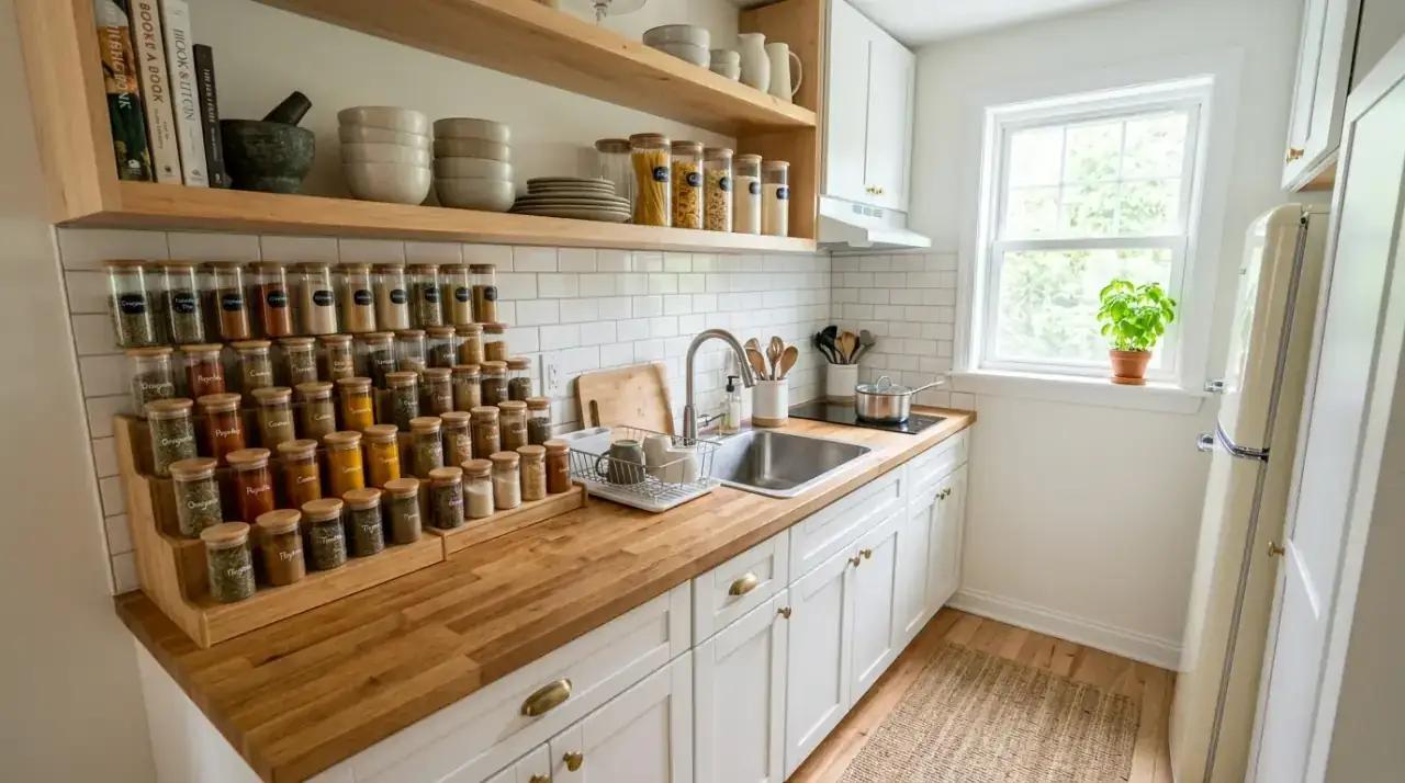 Kitchen shelf bracket style. Open kitchen shelves with bracket details supporting the room's style.