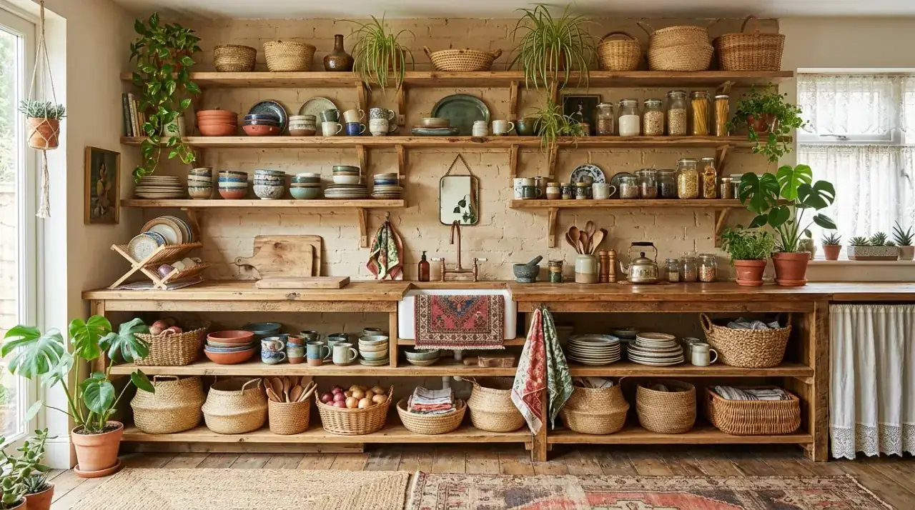 Daily use open shelves. Airy kitchen shelves holding practical everyday dishes and glasses.