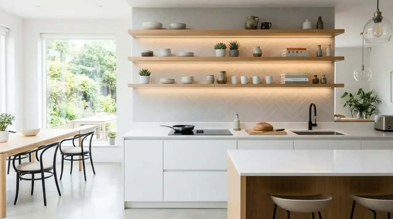 Lightly stacked open shelves. Kitchen open shelves styled with lighter stacks for a calmer look.