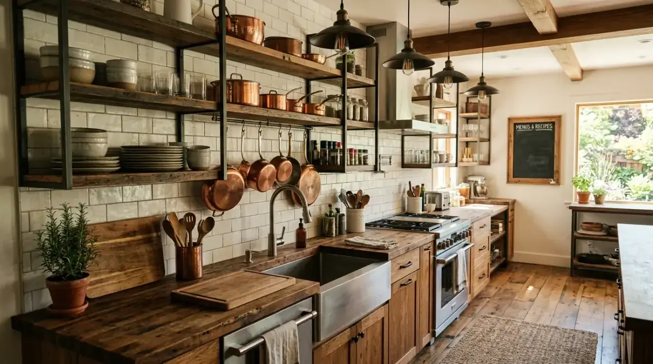 Open shelves near kitchen window. Airy kitchen shelves placed beside a bright window for extra lightness.