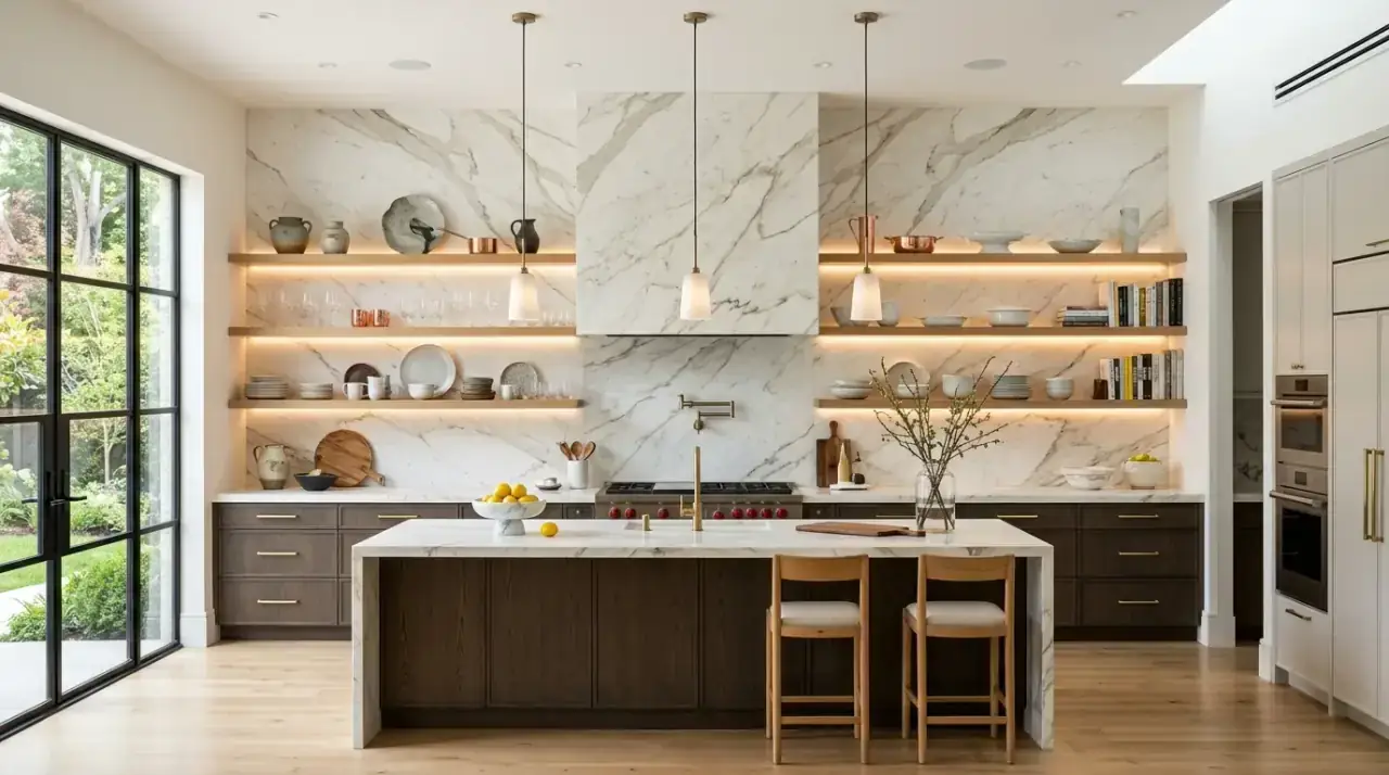 Seasonal kitchen shelf refresh. Open kitchen shelves refreshed with subtle seasonal styling changes.