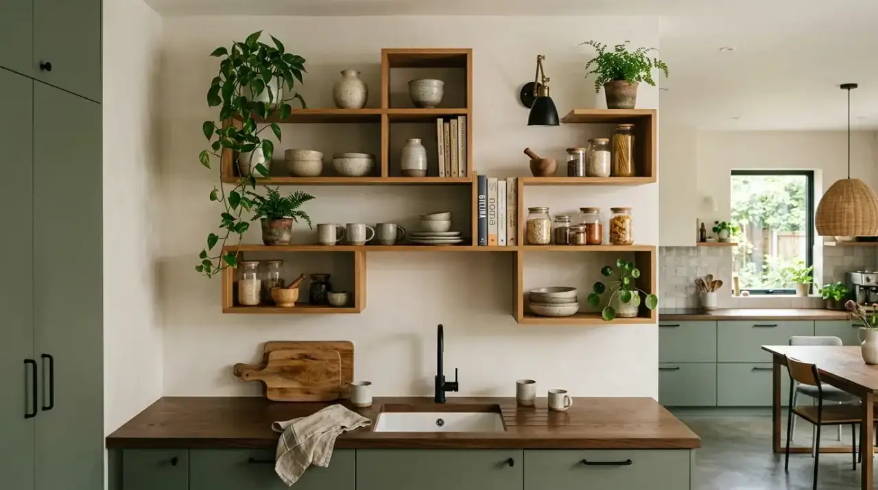 Open shelves overview. Airy open kitchen shelves balancing storage with calm curated display.
