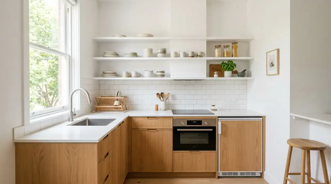 Small modern kitchen with airy open shelving and light uncluttered styling.