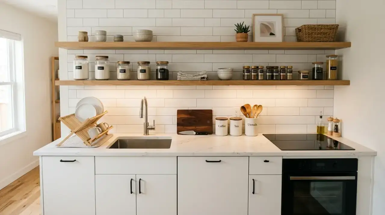 Single open shelf kitchen. Minimal shelf approach keeping a compact kitchen visually calm.