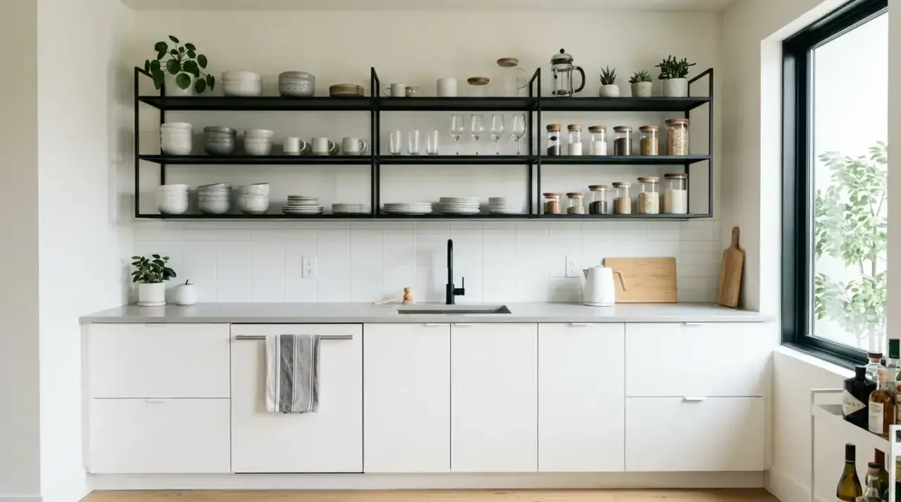 Matching dishes on open shelves. Coordinated storage helping open shelving feel calm in a small kitchen.