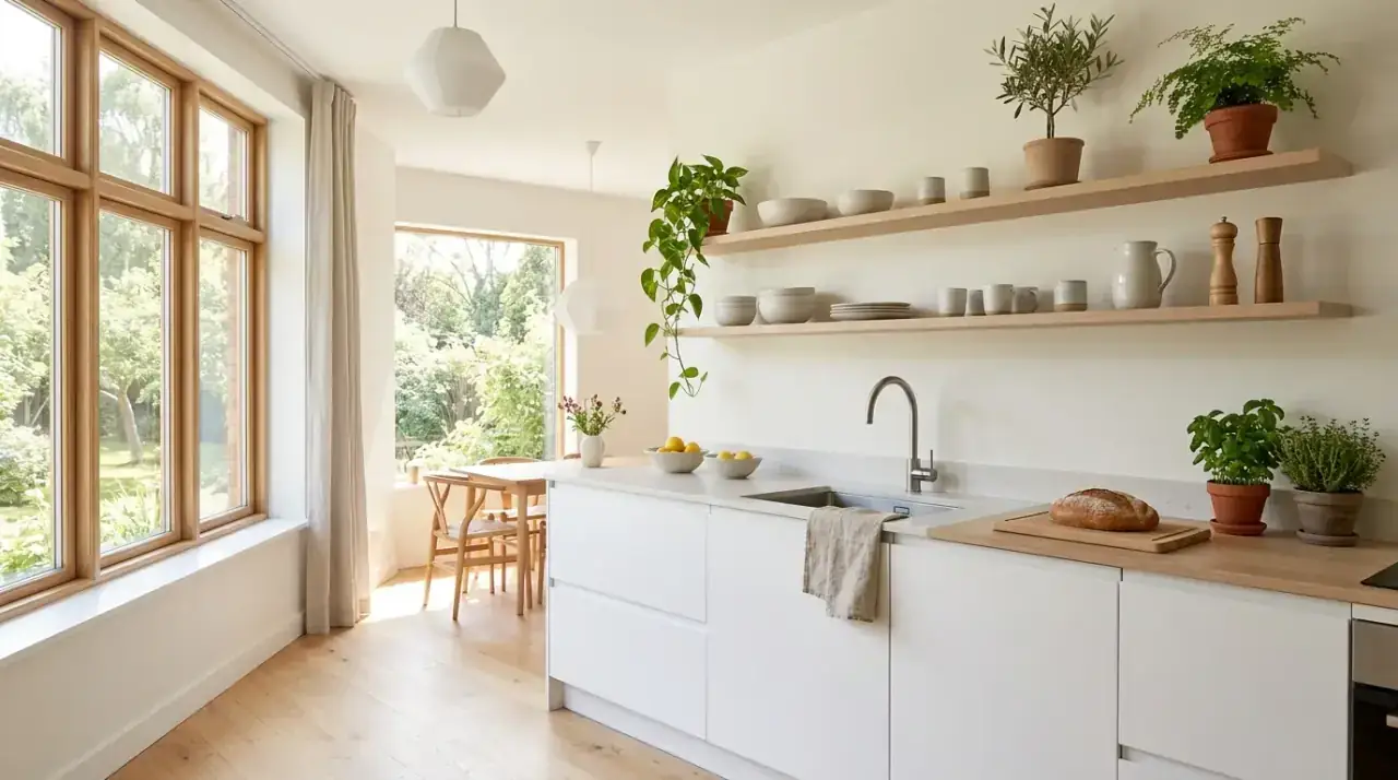 Open shelves over backsplash. Compact wall storage arranged to keep a small kitchen feeling airy.