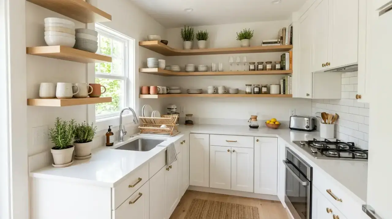 Glass and ceramics on shelves. Light objects helping open shelving keep a compact kitchen airy.