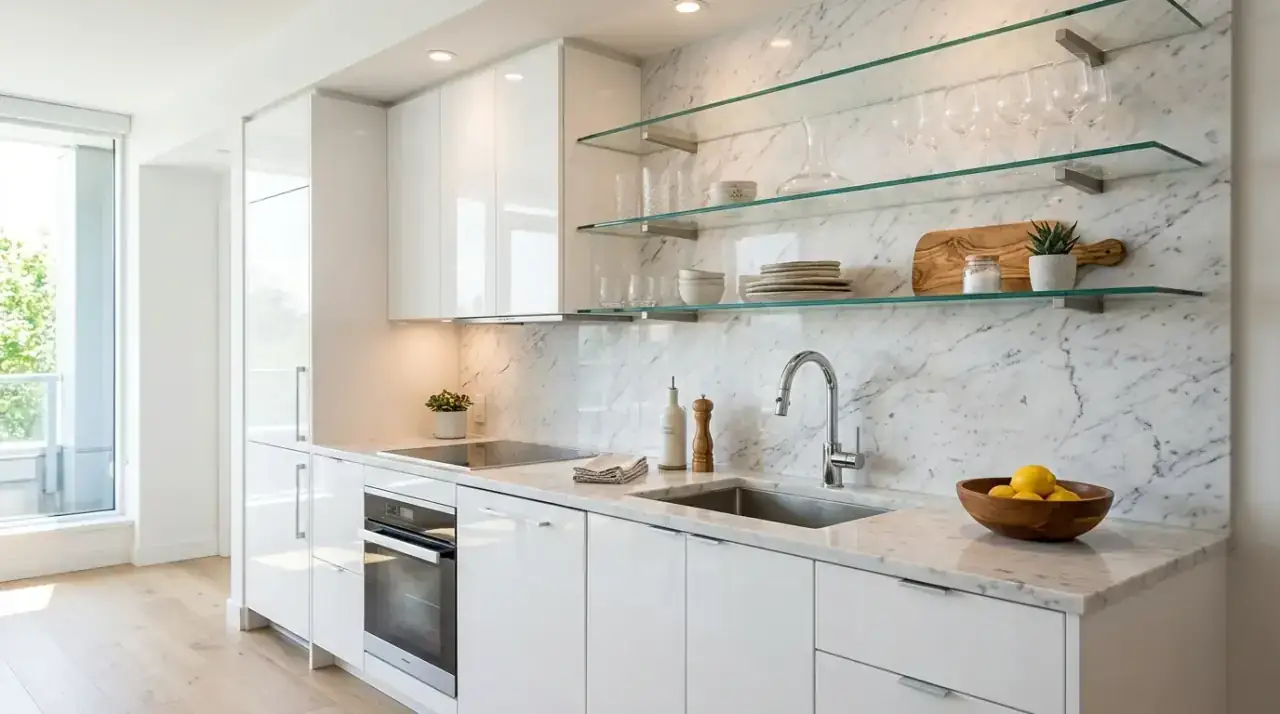 Mixed open and closed kitchen storage. Balanced storage making a small kitchen more useful and more open.