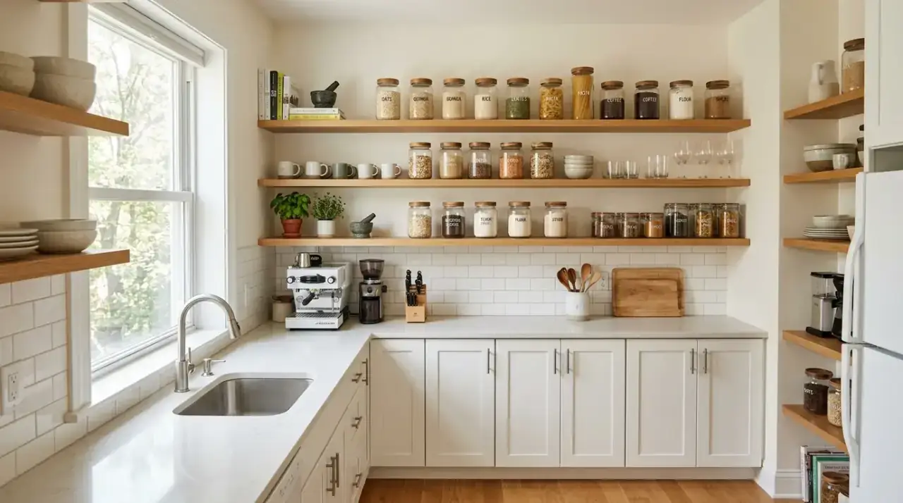 Open shelves with black brackets. Modern shelf hardware adding definition to a small airy kitchen.