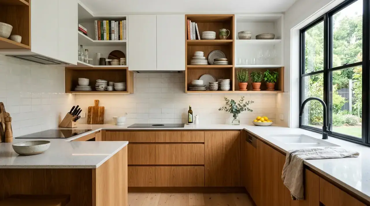 Functional lower open shelf. Practical shelf arrangement supporting daily use in a compact kitchen.