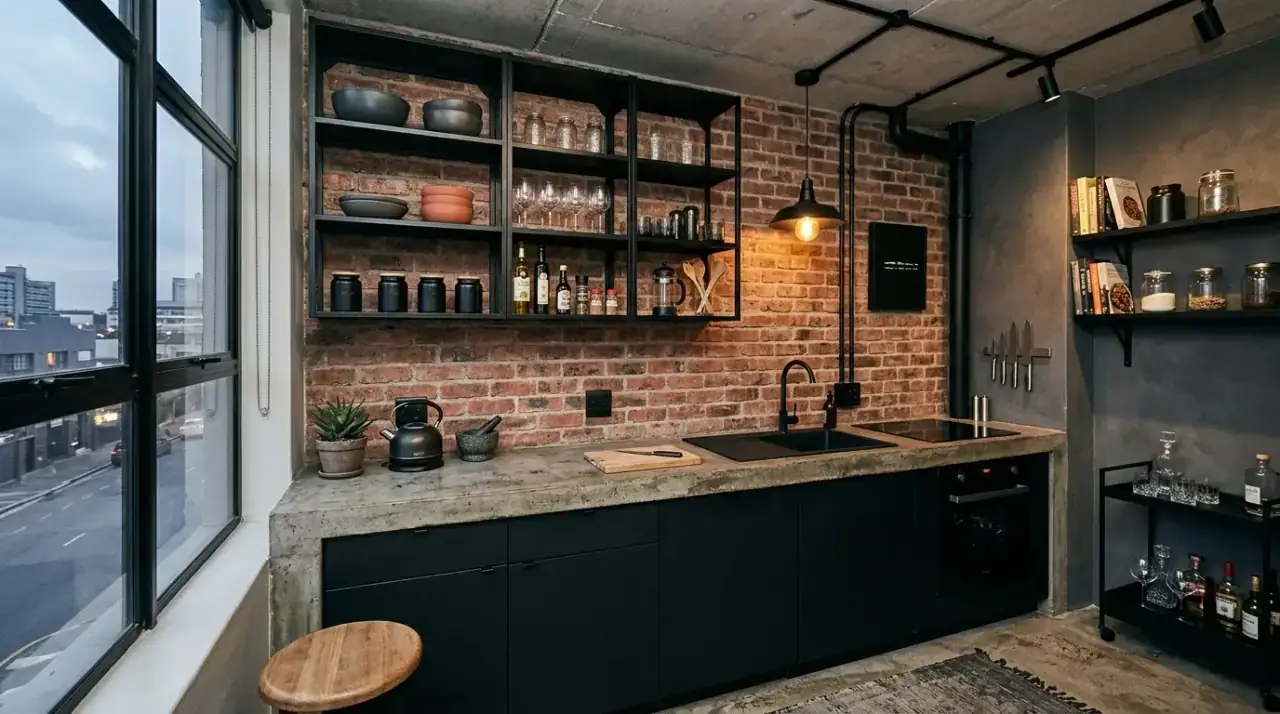 Well-spaced open shelving. Shelf spacing helping a small modern kitchen feel more open.