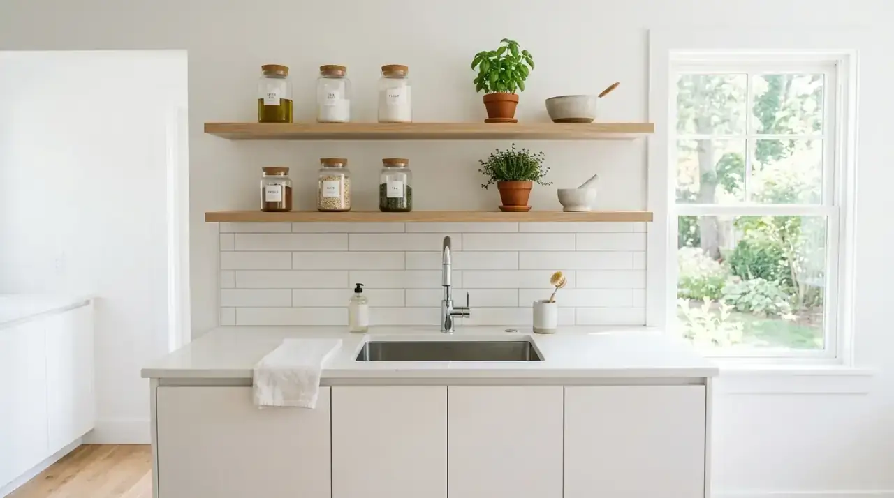 Plant on open kitchen shelf. Small greenery softening airy shelving in a compact modern kitchen.