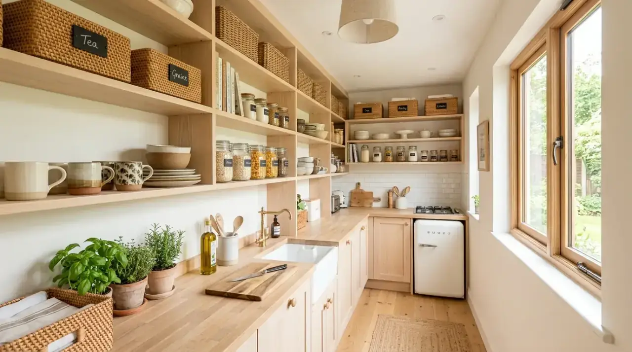 Quiet open shelf palette. Muted objects helping compact kitchen shelving feel lighter and calmer.