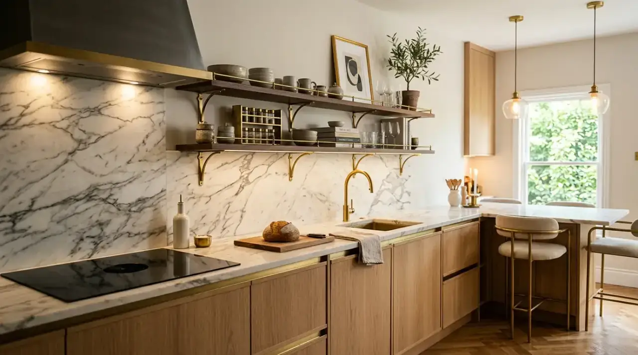 Light-reflecting open shelves. Open storage helping daylight move through a compact modern kitchen.