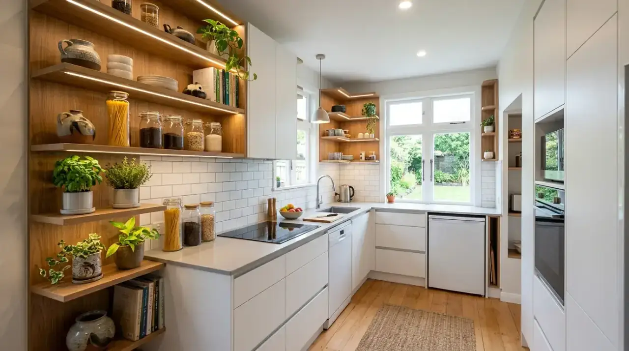 Airy open shelving full kitchen look. Thoughtful shelf design helping a compact modern kitchen feel open and welcoming.