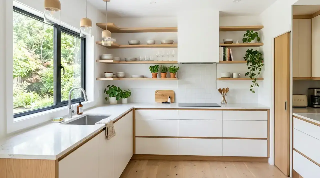 Simple airy shelf layout. Minimal open shelving making a compact modern kitchen feel calm and complete.