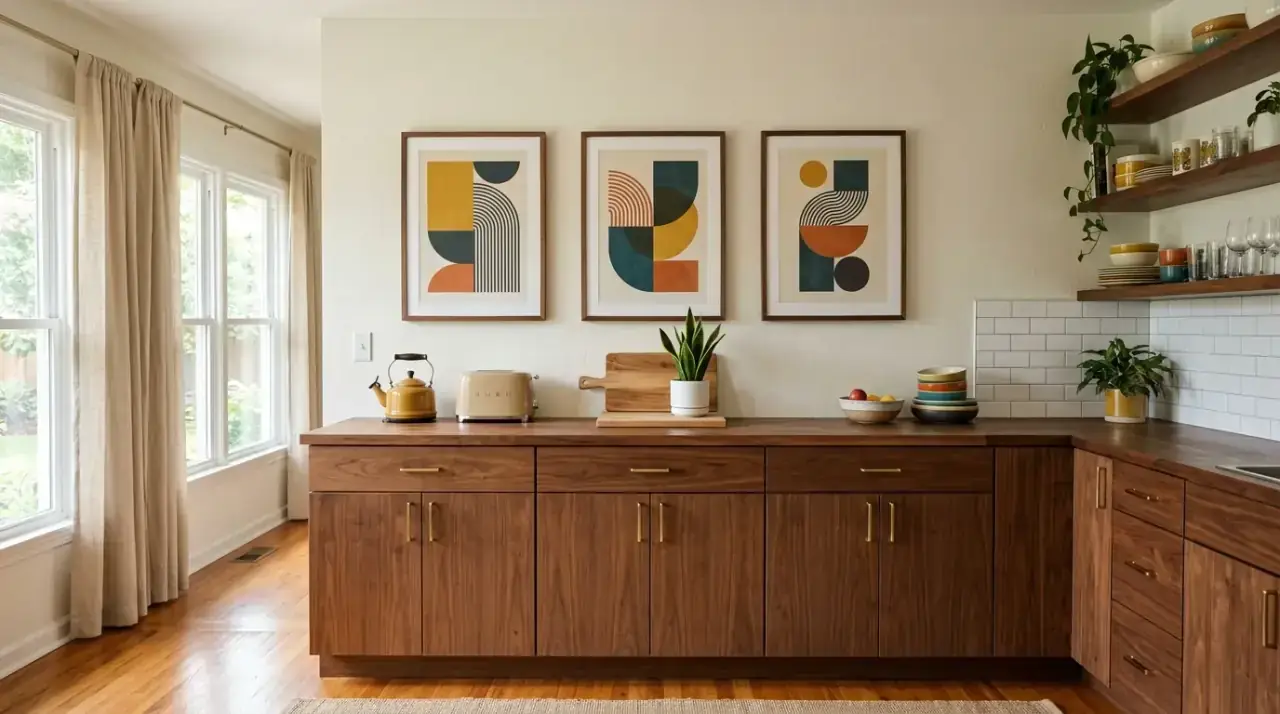 Artistic mid-century modern kitchen wall art adding retro flair and personality.
