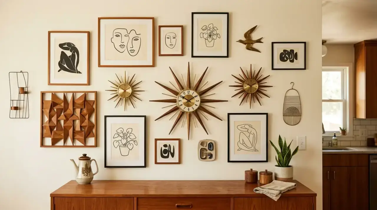 Vintage poster kitchen art. Graphic poster art adding charm and retro flair to a mid-century kitchen.