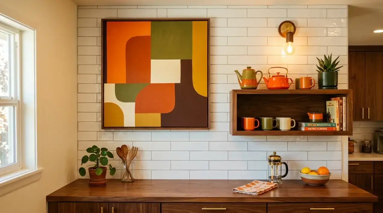 Black-framed mid-century kitchen art. Clean framing helping retro wall art feel more intentional and crisp.