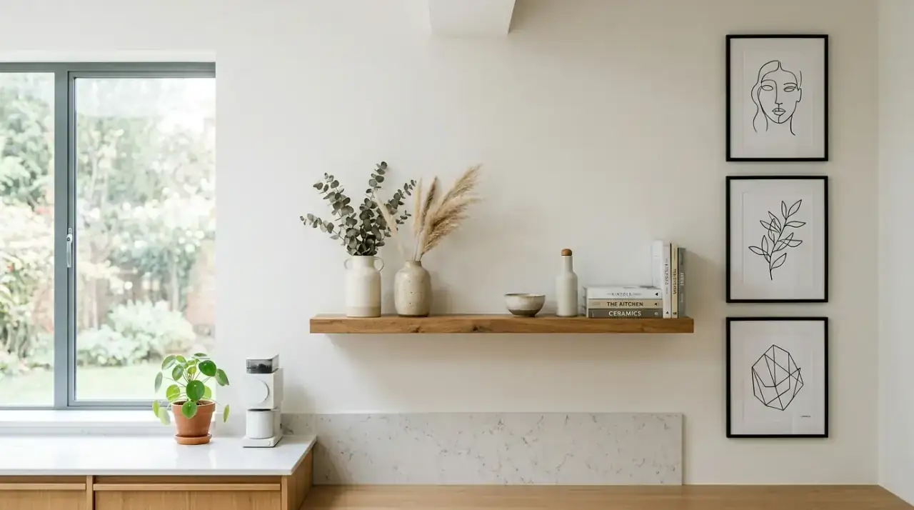 Grid of retro kitchen prints. Structured art grouping adding personality to a mid-century kitchen wall.