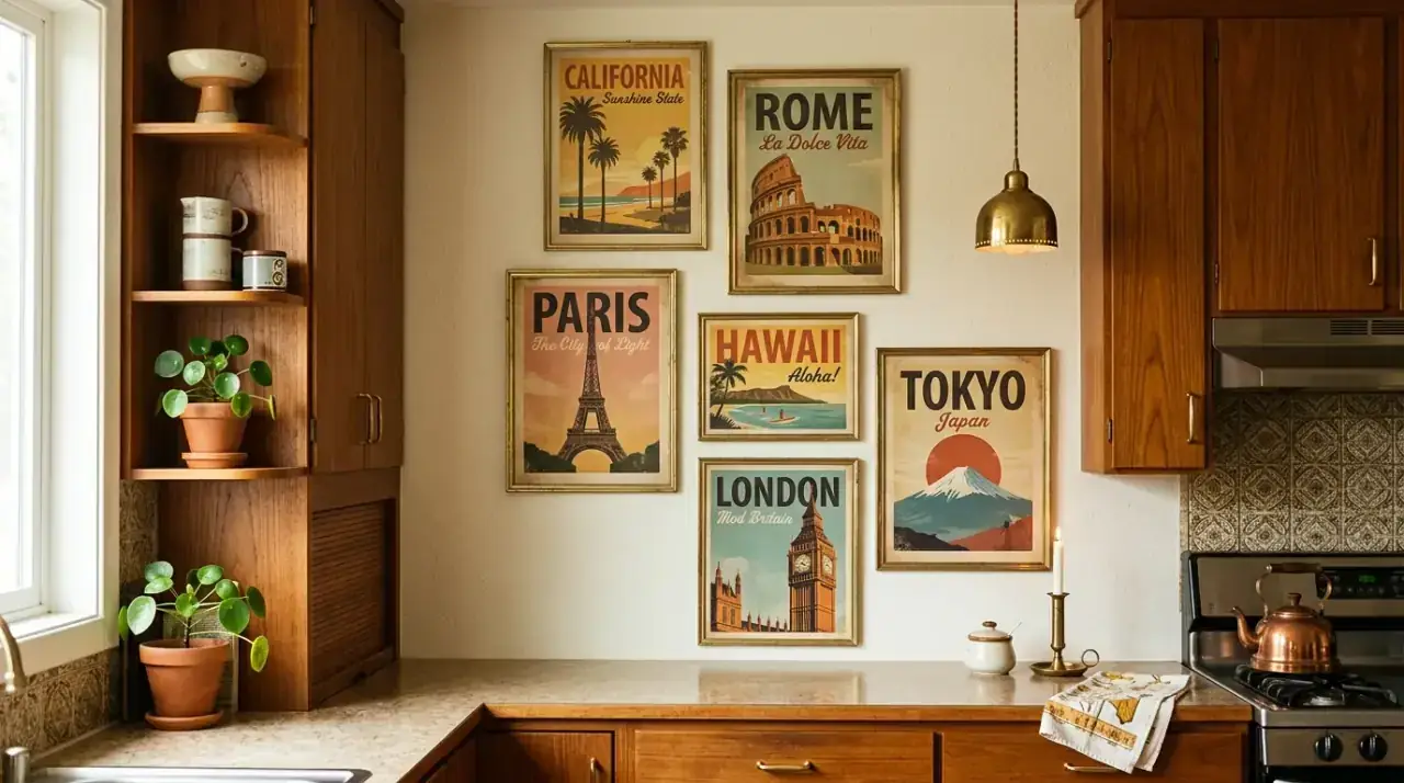 Botanical mid-century kitchen art. Graphic plant-inspired artwork softening a retro-modern kitchen interior.