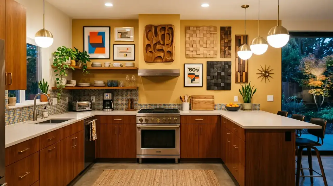 Large art in mid-century kitchen. Single focal artwork grounding a retro-inspired kitchen dining area.