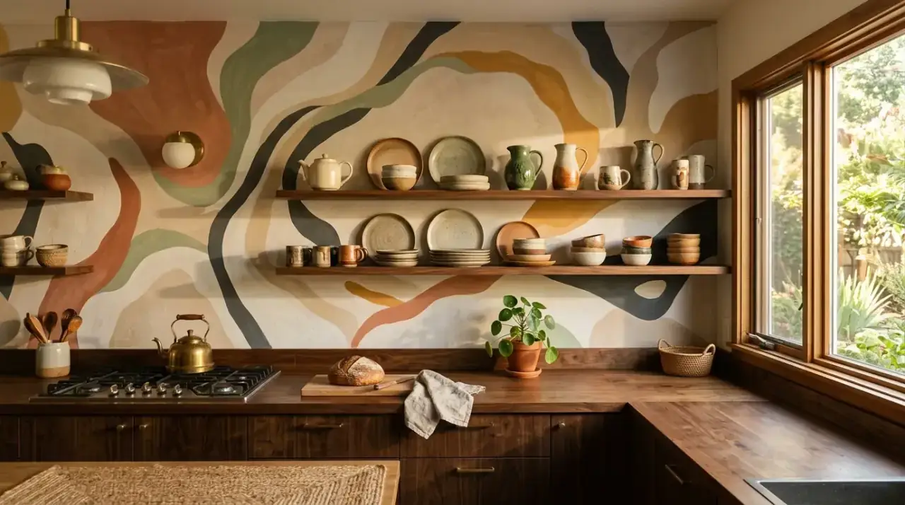 Wood-framed mid-century kitchen art. Natural framing connecting artwork to the warm wood tones of the kitchen.