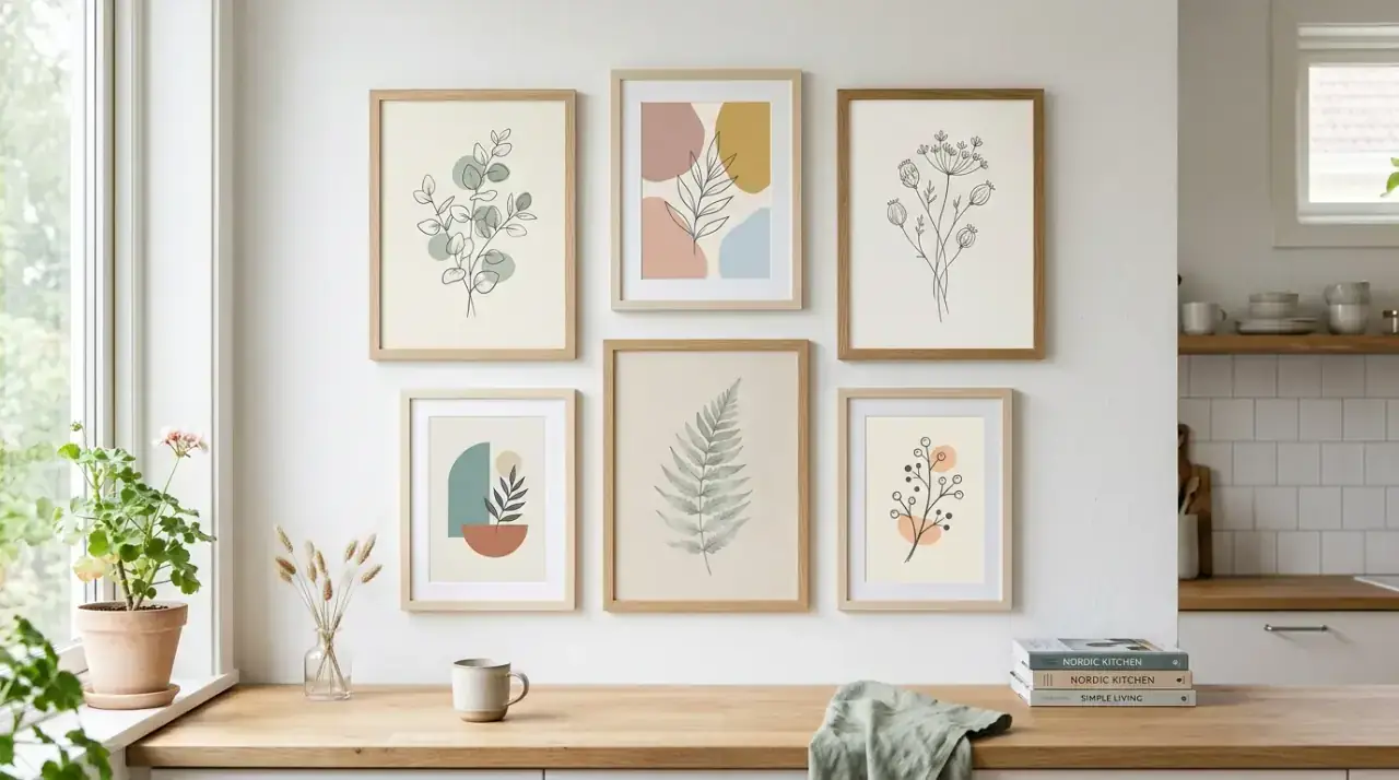 Geometric mid-century kitchen art. Shape-driven artwork reinforcing the design language of a retro kitchen.