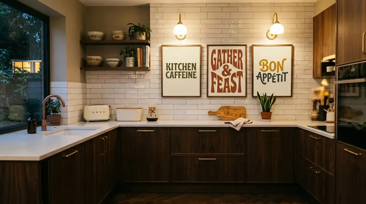 Color-matched kitchen wall art. Artwork repeating accent tones to tie the mid-century kitchen together.
