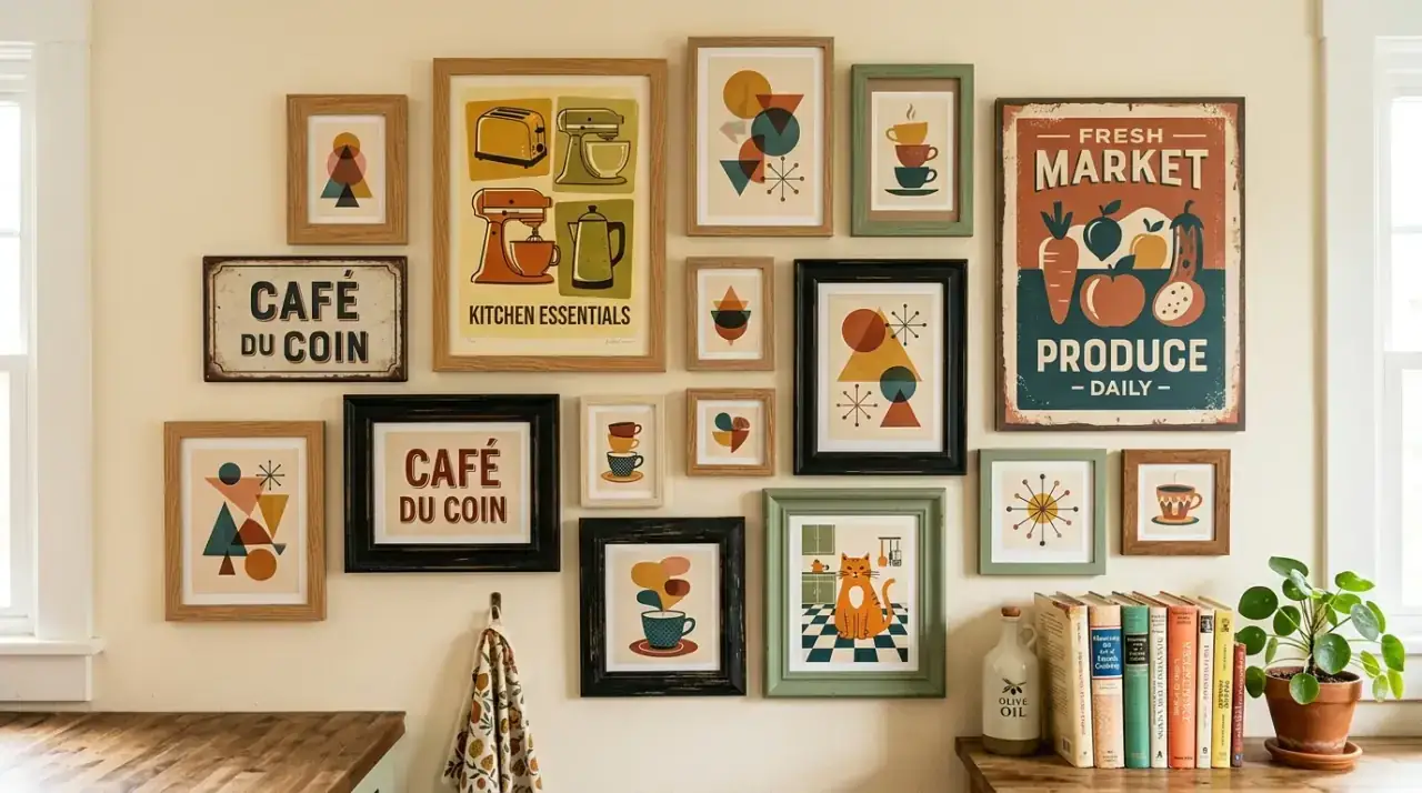 Minimal wall art spacing. Breathing room around framed art helping the kitchen feel cleaner and more balanced.