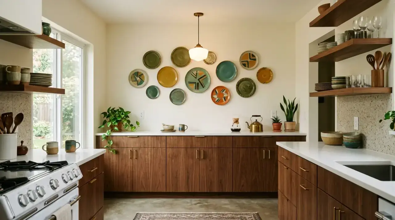 Mixed style kitchen art. Vintage and modern wall art creating a more personal retro kitchen look.