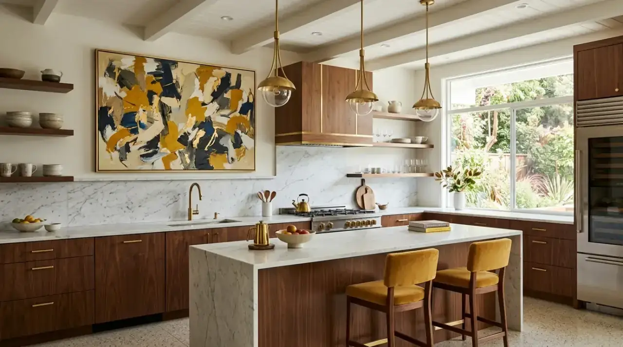 Kitchen wall art placement. Well-placed artwork bringing retro style to overlooked kitchen walls.